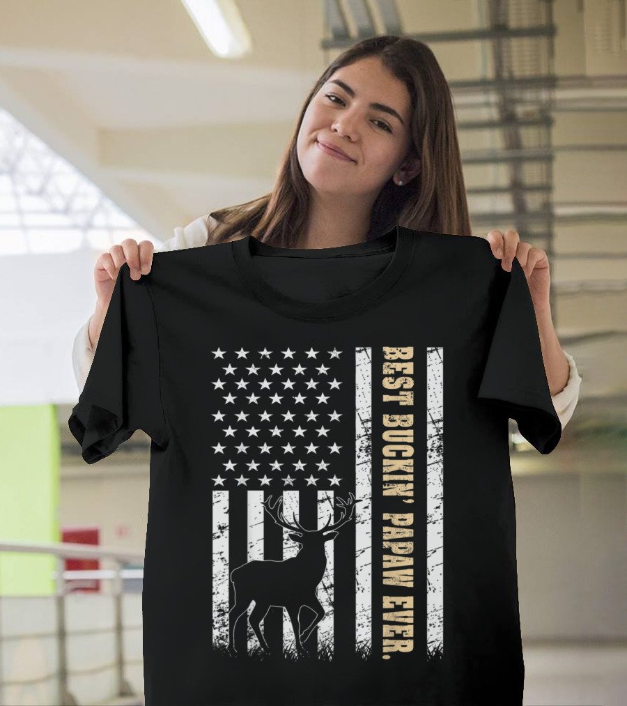Distressed American Flag with Deer Silhouette and Best Buckin' Papaw Ever T-Shirt