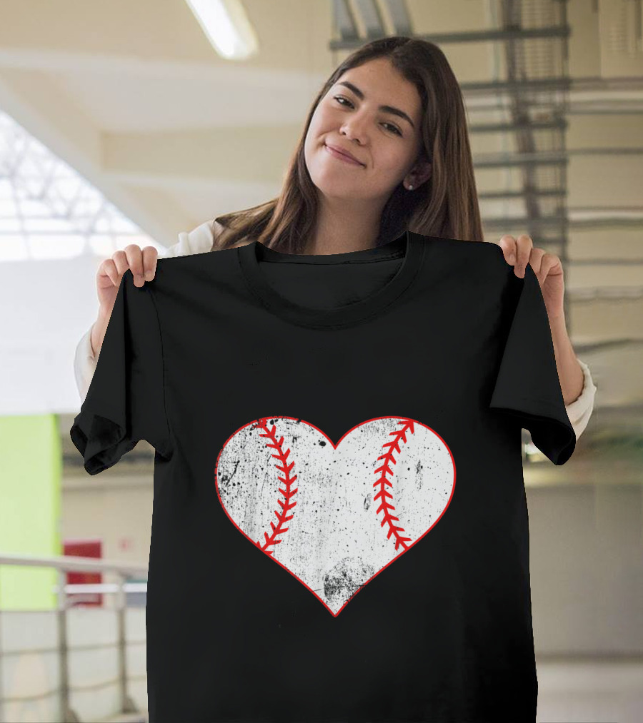 Distressed Baseball Heart Graphic with Red Stitching T-Shirt