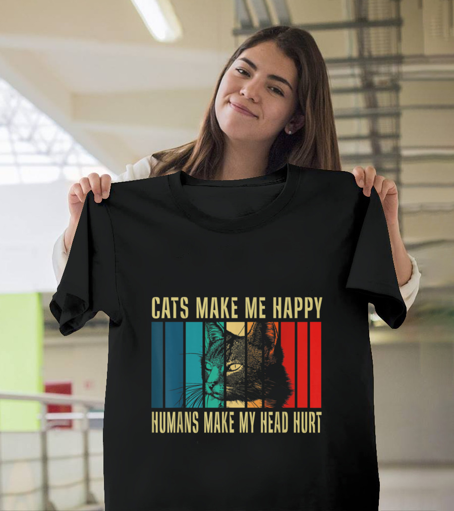 Cats Make Me Happy Humans Make My Head Hurt Retro Cat Stripes T-Shirt