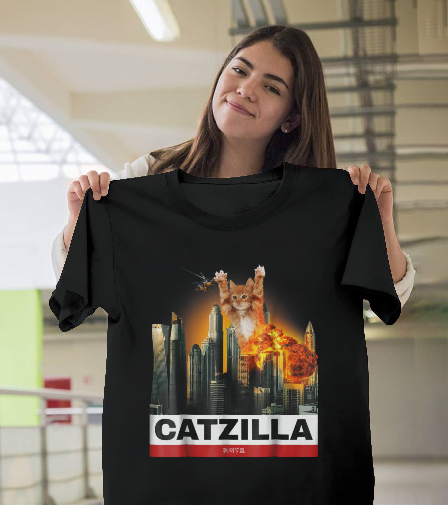 Catzilla Funny Kitty with Helicopter and Explosions in City Skyline T-Shirt