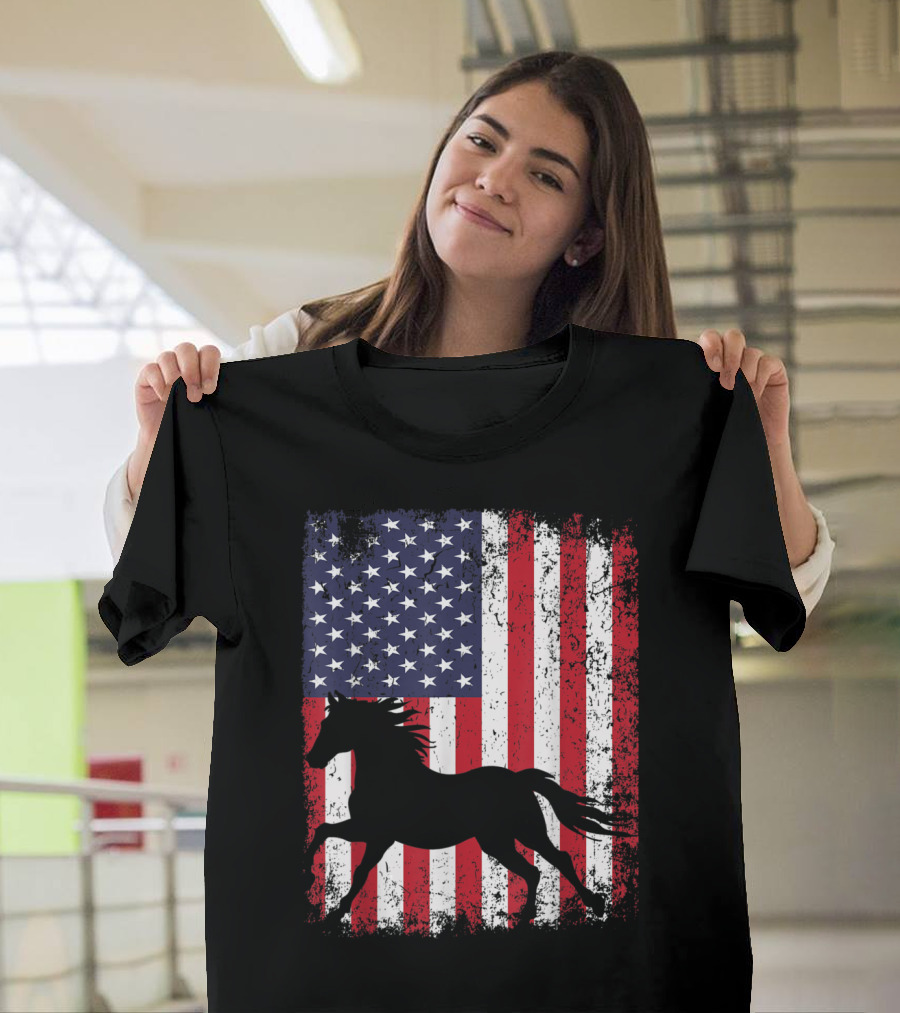 American Flag Horse 4th of July USA Patriot Love T-Shirt
