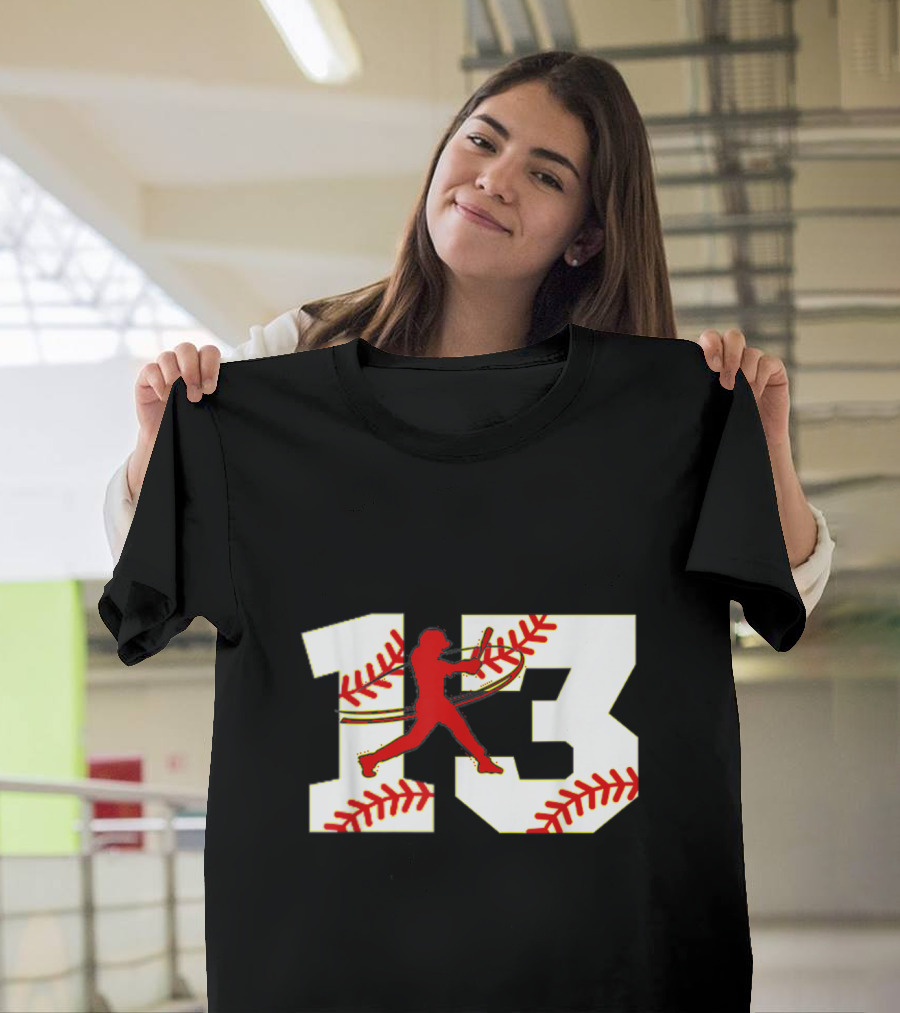 Baseball 13 Jersey Batter Graphic with Red Stitching Number T-Shirt