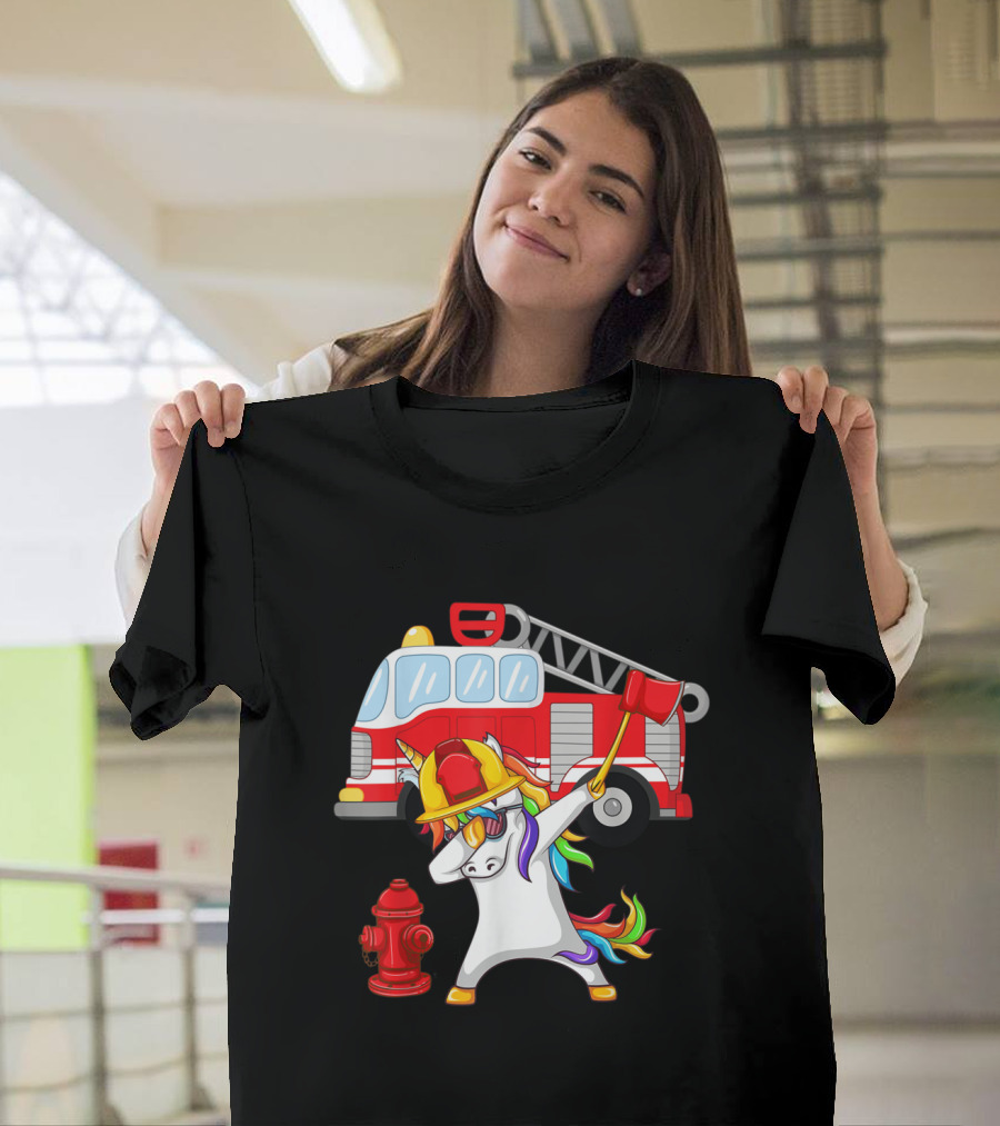 Unicorn Dab with Firefighter Gear and Fire Truck Background T-Shirt
