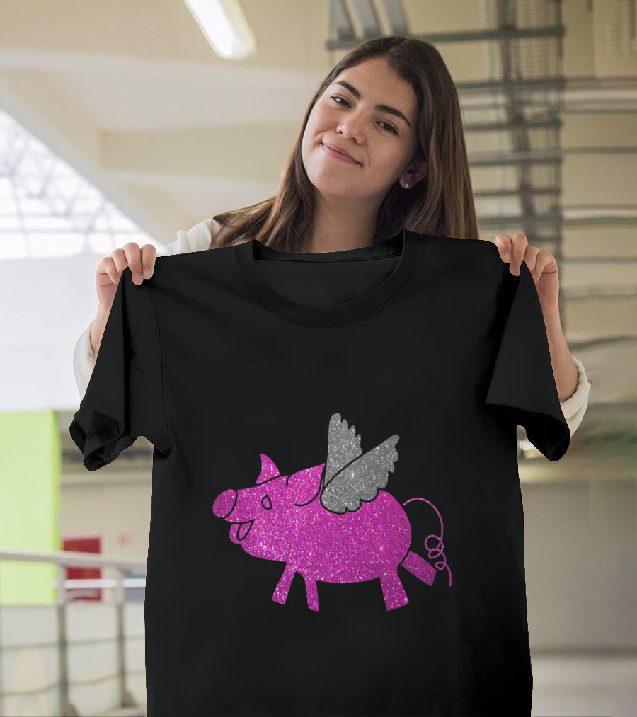 Flying Pigs Glitter Pink with Silver Wings T-Shirt
