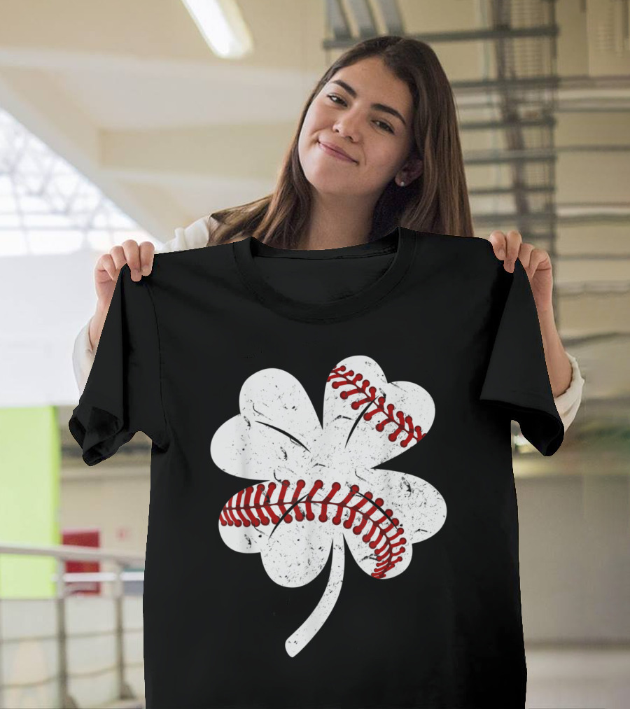 Baseball Shamrock Clover Irish St Patricks Vintage Red Stitching T-Shirt