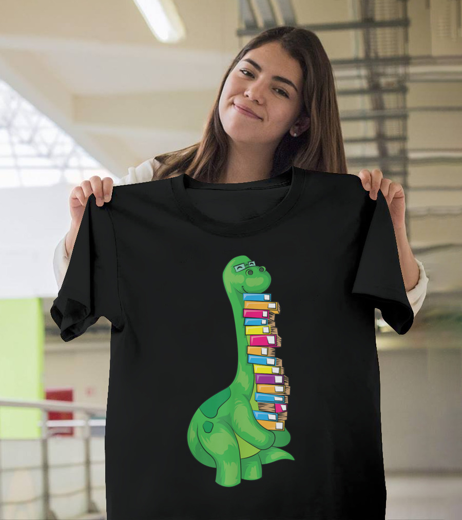 Dinosaur with Lots of Books Cool Reading Dinosaur Stack T-Shirt