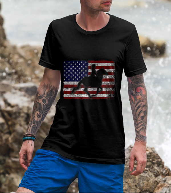 American Flag Horse Equestrian Silhouette Riding Patriotic T-Shirt