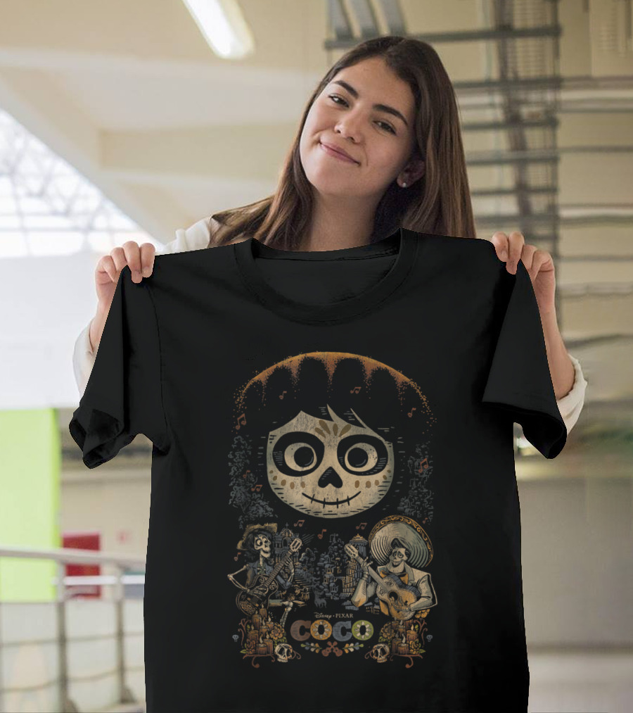Disney Pixar Coco Miguel Skull Art with Musical Skeletons Scene T-Shirt