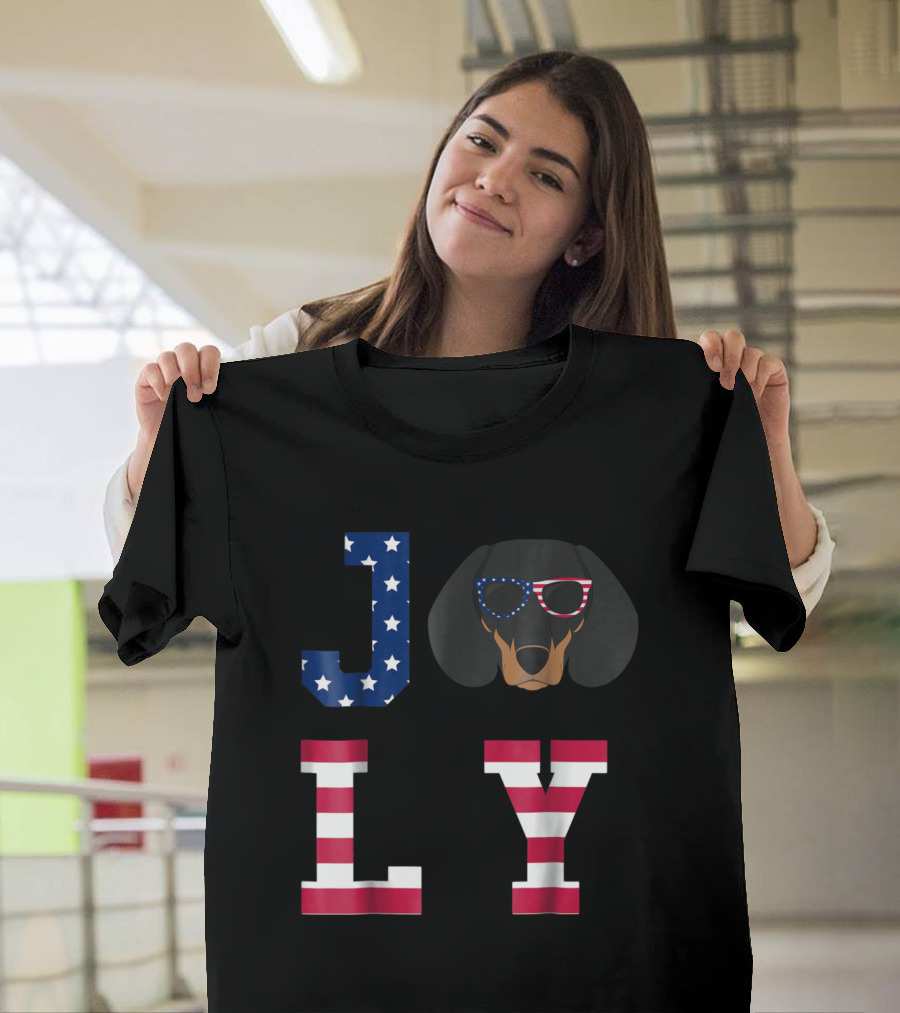4th of July JOLY with Dachshund Wearing American Flag Sunglasses T-Shirt