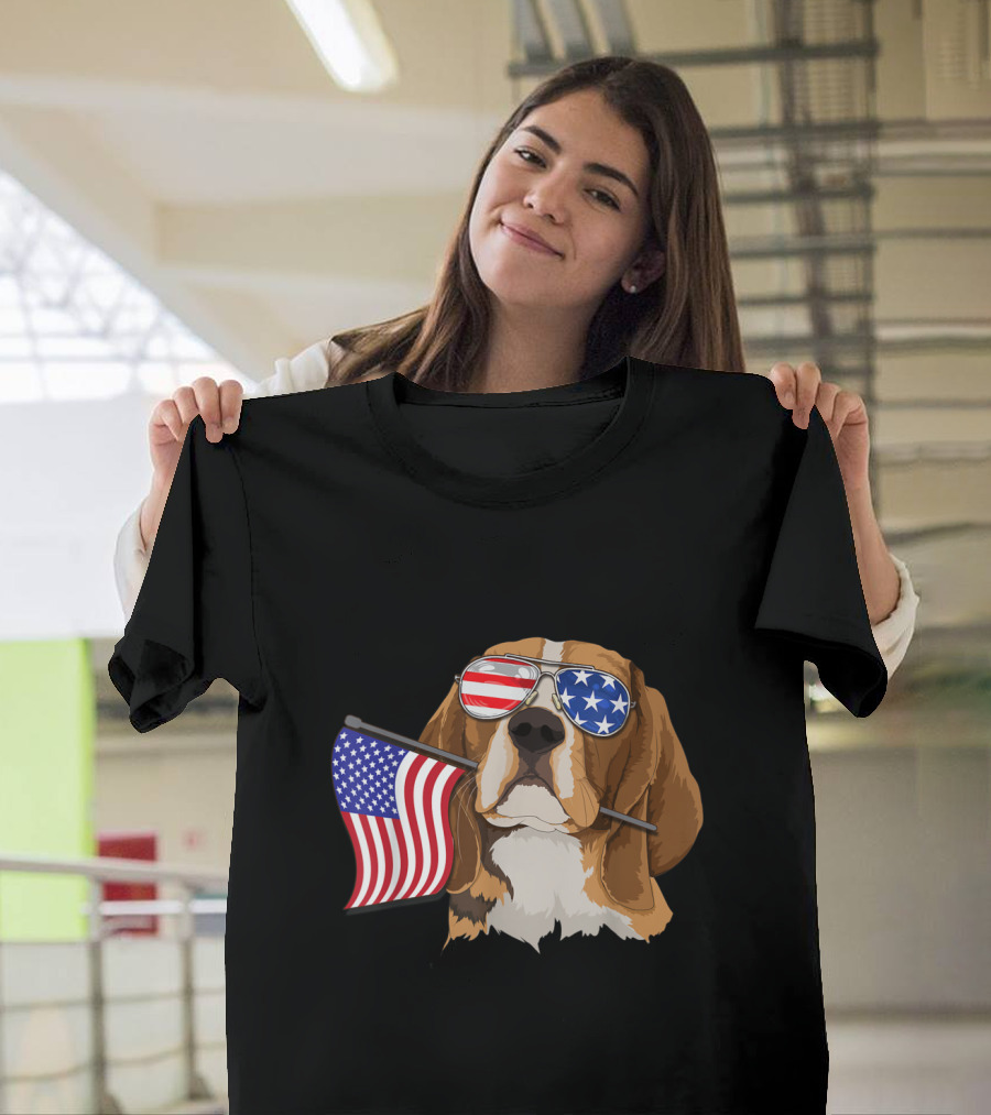 American Flag Beagle Dog with USA Sunglasses Celebrating 4th of July Love T-Shirt
