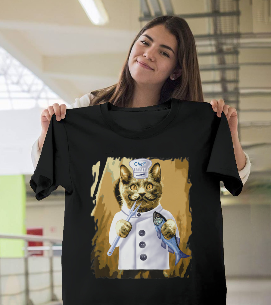 Chef Cat Culinary Cooking Guru with Fish and Fork T-Shirt