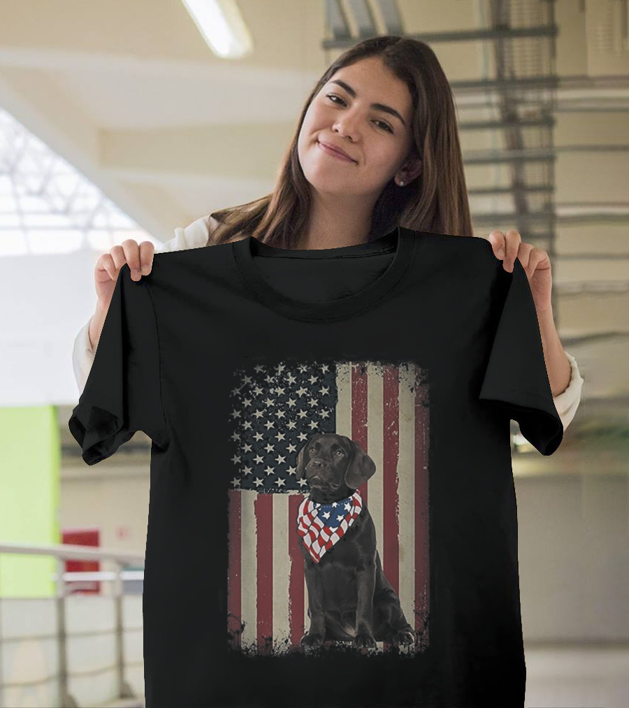 Black Lab Wearing American Flag Bandana in Front of Vintage 4th of July T-Shirt