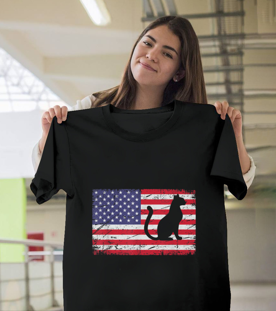American Flag Distressed Silhouette Cat Patriotic T-Shirt