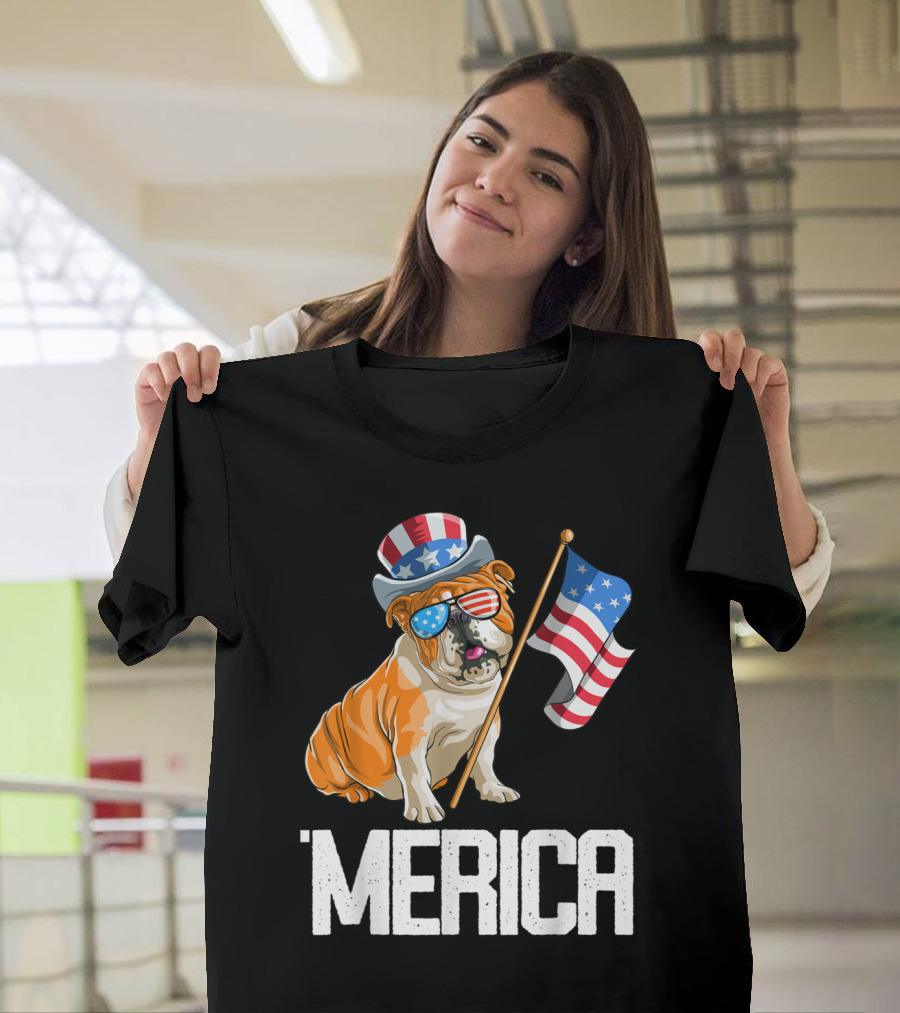 4th of July Bulldog Patriotic Merica Flag Hat Sunglasses T-Shirt