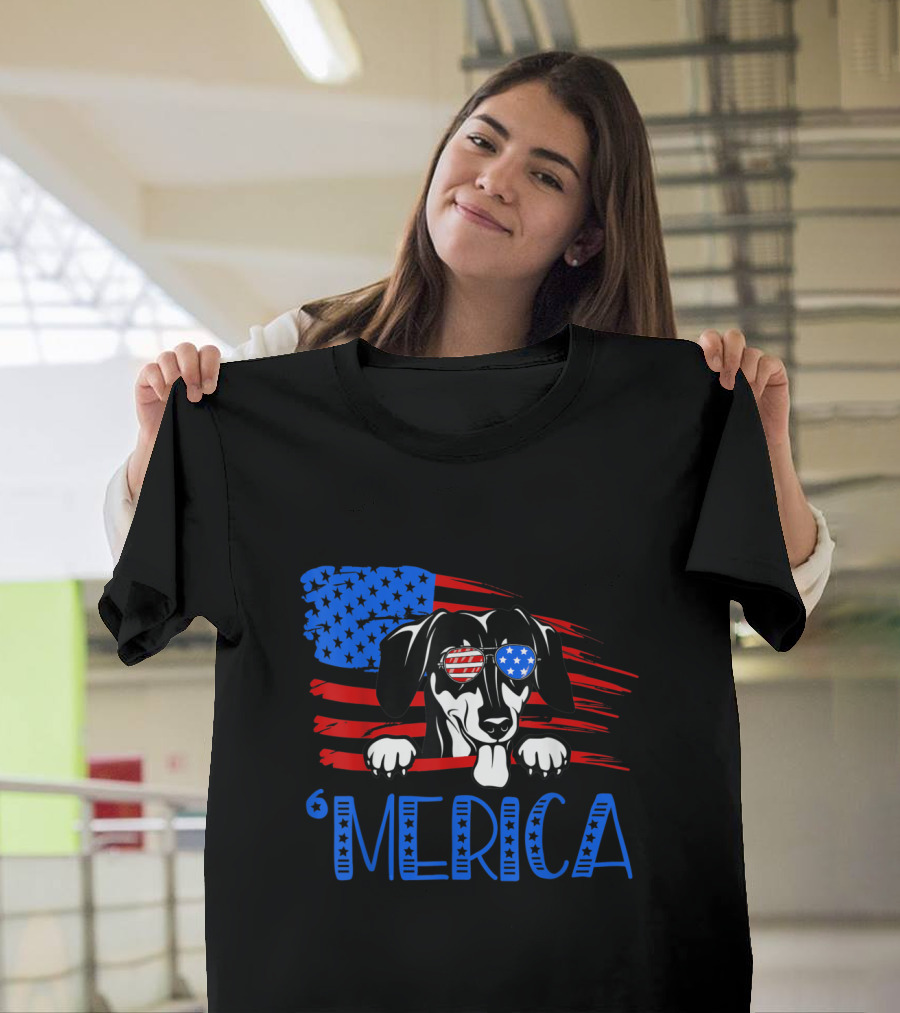 Merica Dachshund with American Flag Sunglasses 4th of July T-Shirt