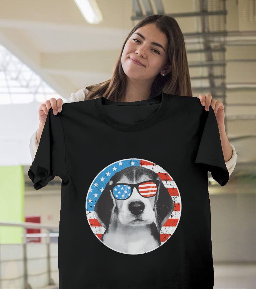 Fourth Of July American Flag Dog with Patriotic Sunglasses T-Shirt
