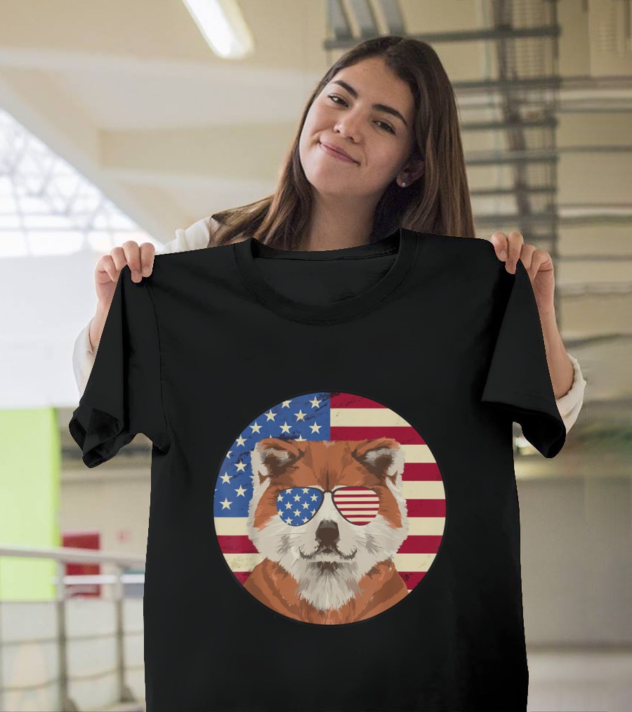 Akita Dog Wearing American Flag Sunglasses on 4th of July with US Flag Background T-Shirt