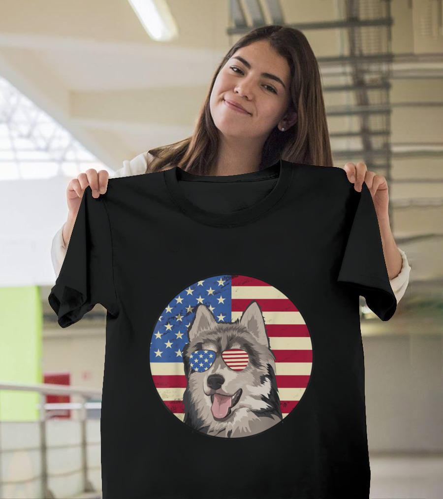 4th Of July Siberian Husky with American Flag Sunglasses T-Shirt