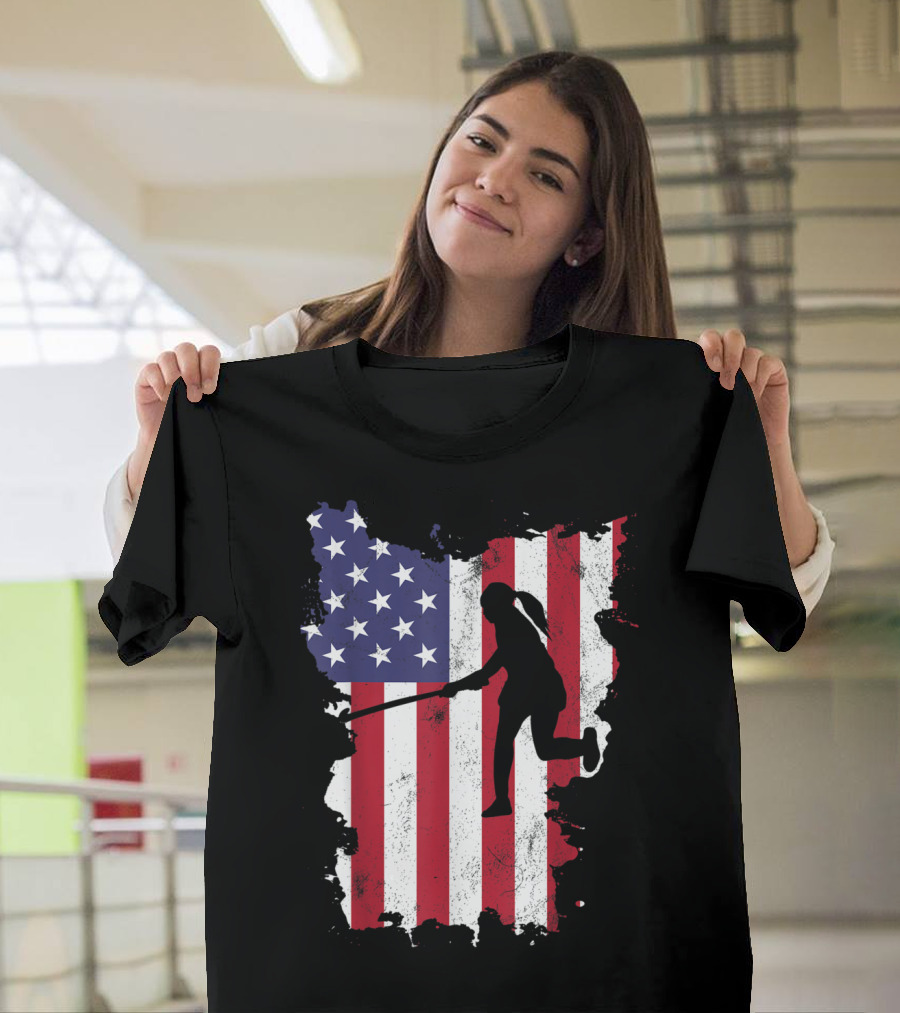 4th Of July USA Field Hockey Girl Silhouette on American Flag T-Shirt