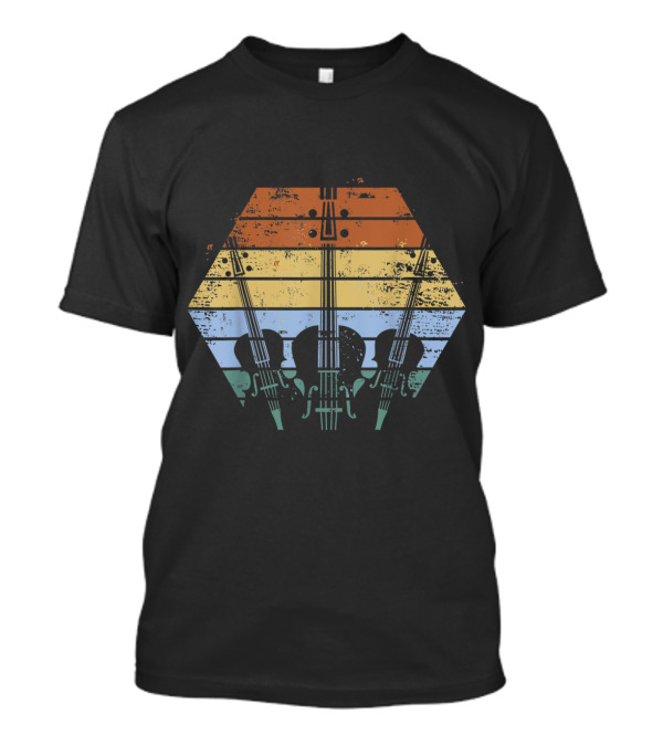 Distressed Upright Bass Retro Sunset Hexagon Musician T-Shirt