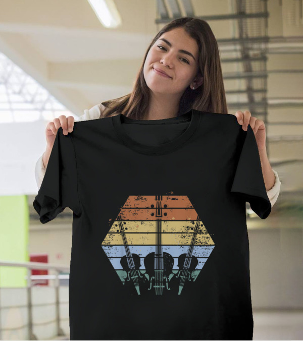 Distressed Upright Bass Retro Sunset Hexagon Musician T-Shirt