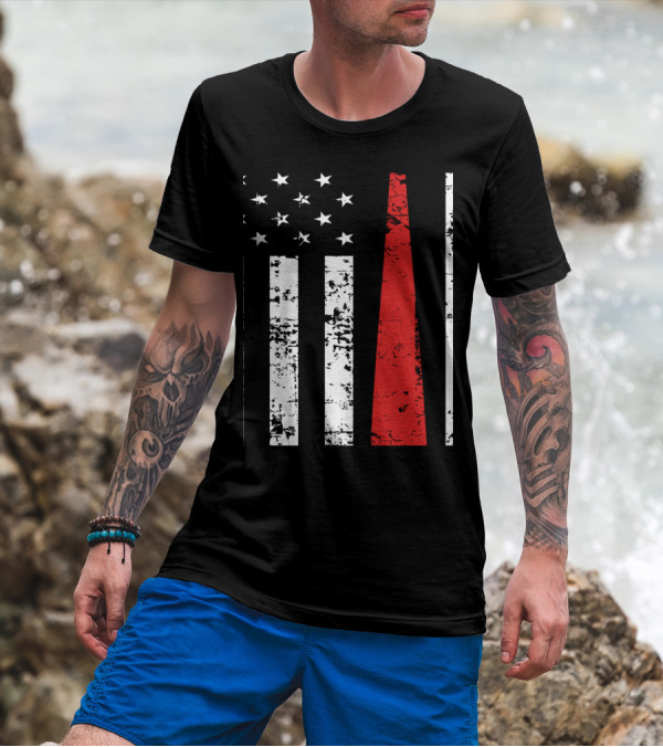 Distressed USA Flag Vertical Stripes Black And White With Red Baseball Fan T-Shirt