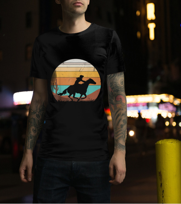 Vintage Horse Riding Silhouette Desert Sunset T-Shirt