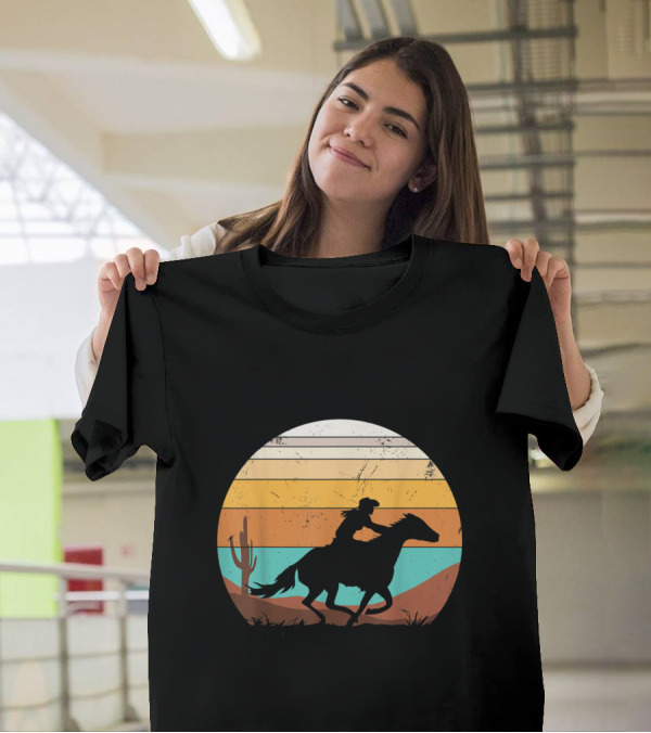Vintage Horse Riding Silhouette Desert Sunset T-Shirt