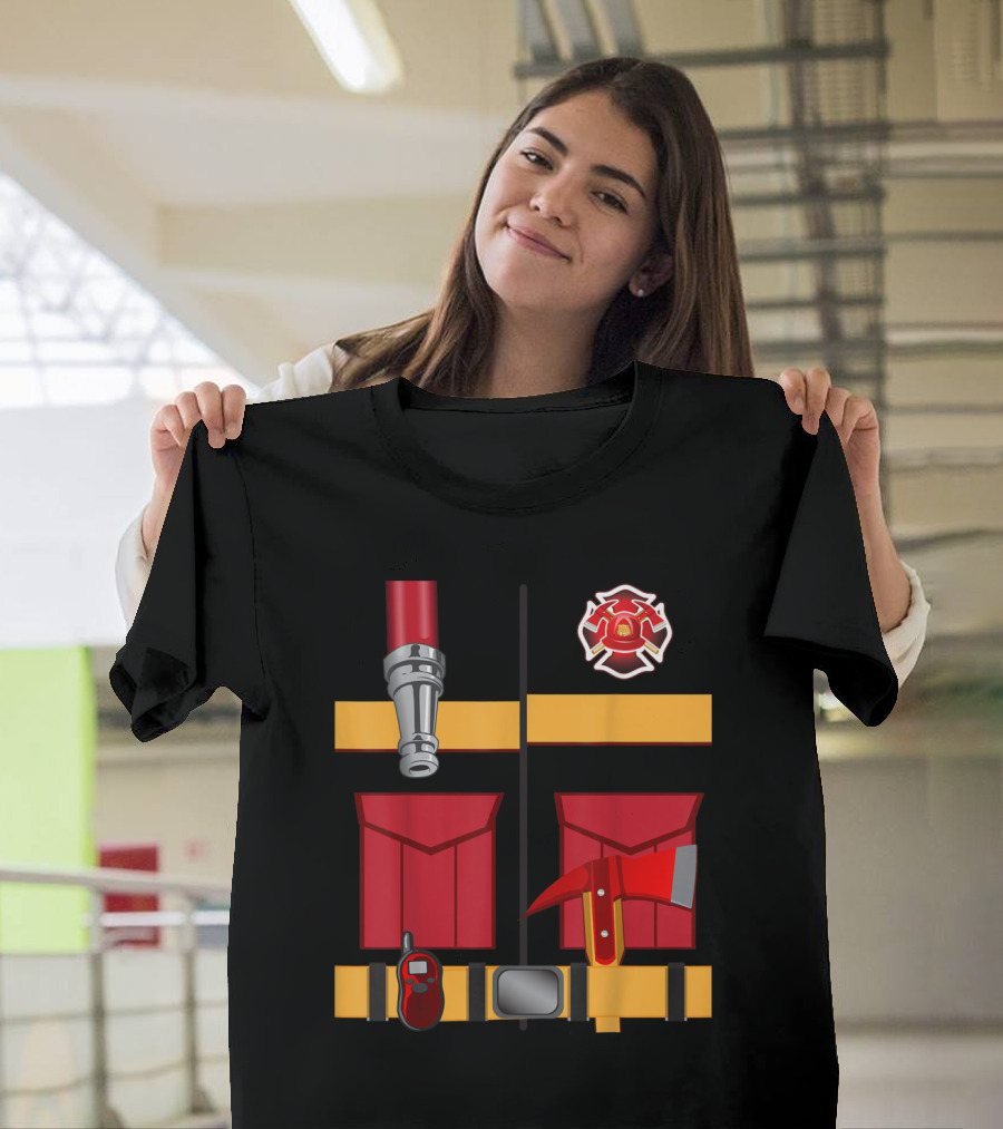 Fireman Uniform Firefighter with Axe and Hose Tools Iconic Emblem T-Shirt