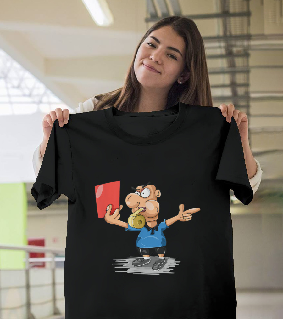 Funny Cartoon Soccer Referee Holding Red Card with Whistle T-Shirt
