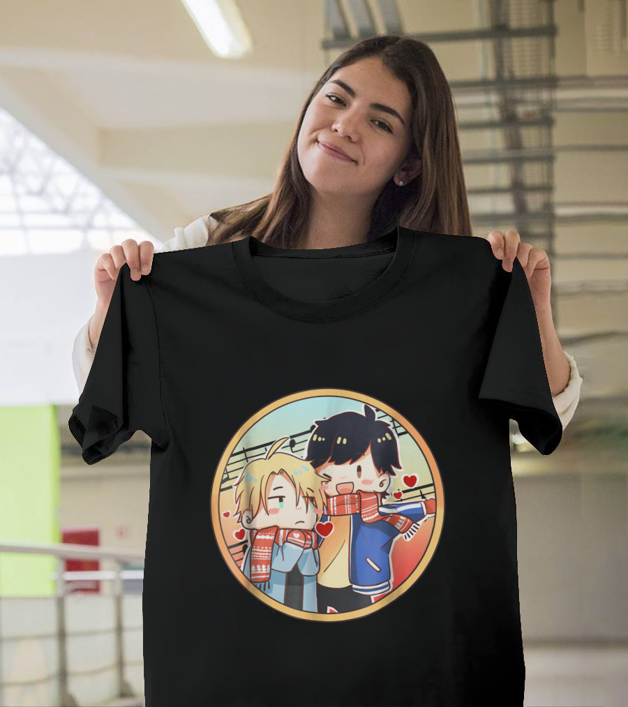 Banana Fish Anime Eiji Ash Lynx Chibi Art with Scarves and Hearts T-Shirt