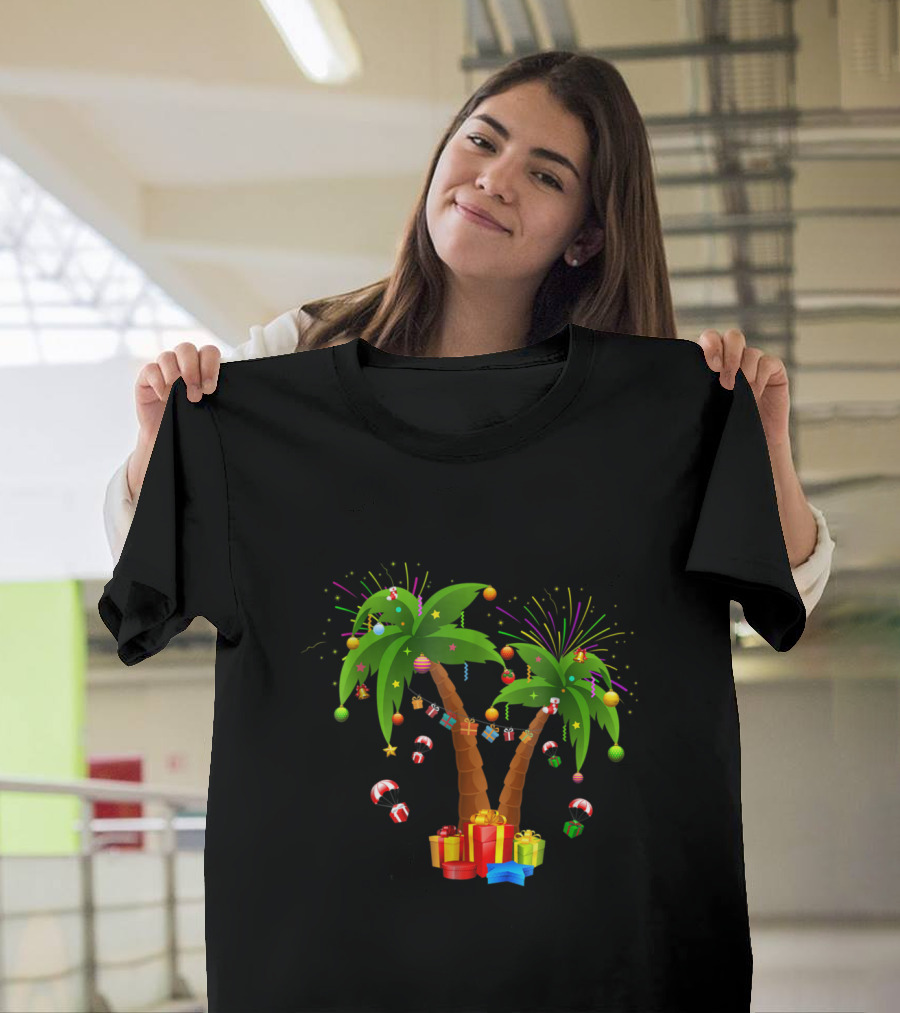 Christmas Palm Tree Festive Ornaments Fireworks and Holiday Gifts T-Shirt