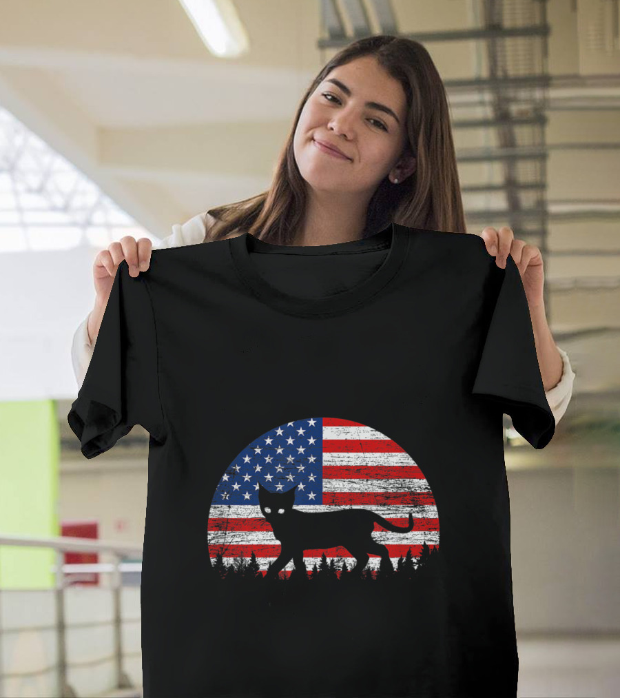American Flag Cat Silhouette USA Patriotic Kitty T-Shirt