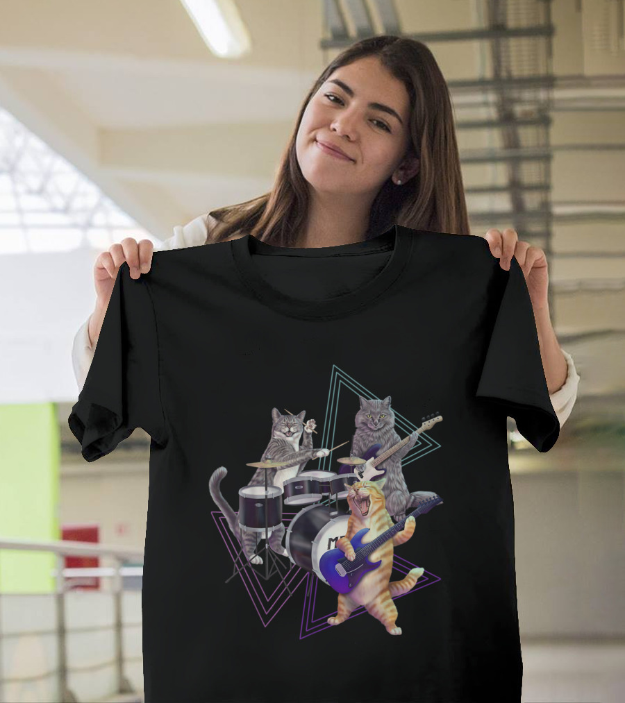 Rock Kitties Cat Band on Bass with Drums and Guitar T-Shirt