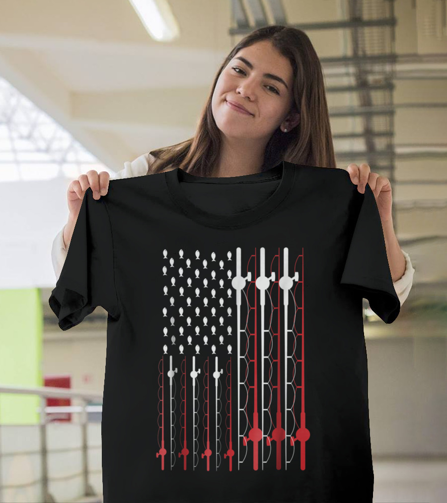 Fishing Rods and Hooks American Flag Design - Funny US Patriotic Fish T-Shirt