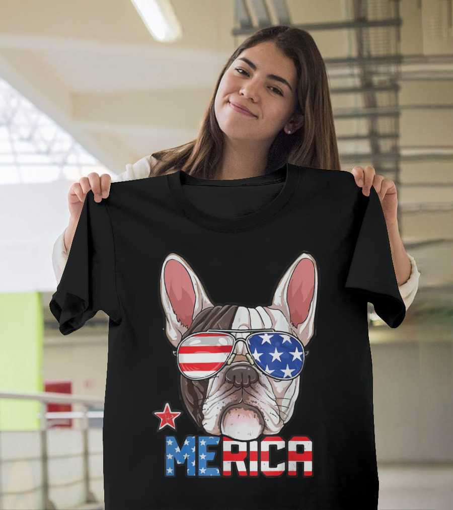 French Bulldog with American Flag Sunglasses and 'Merica - 4th of July T-Shirt