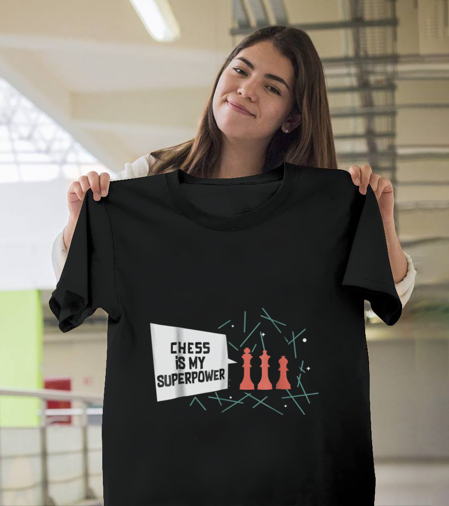 Chess Is My Superpower with Red Chess Pieces and Abstract Lines T-Shirt