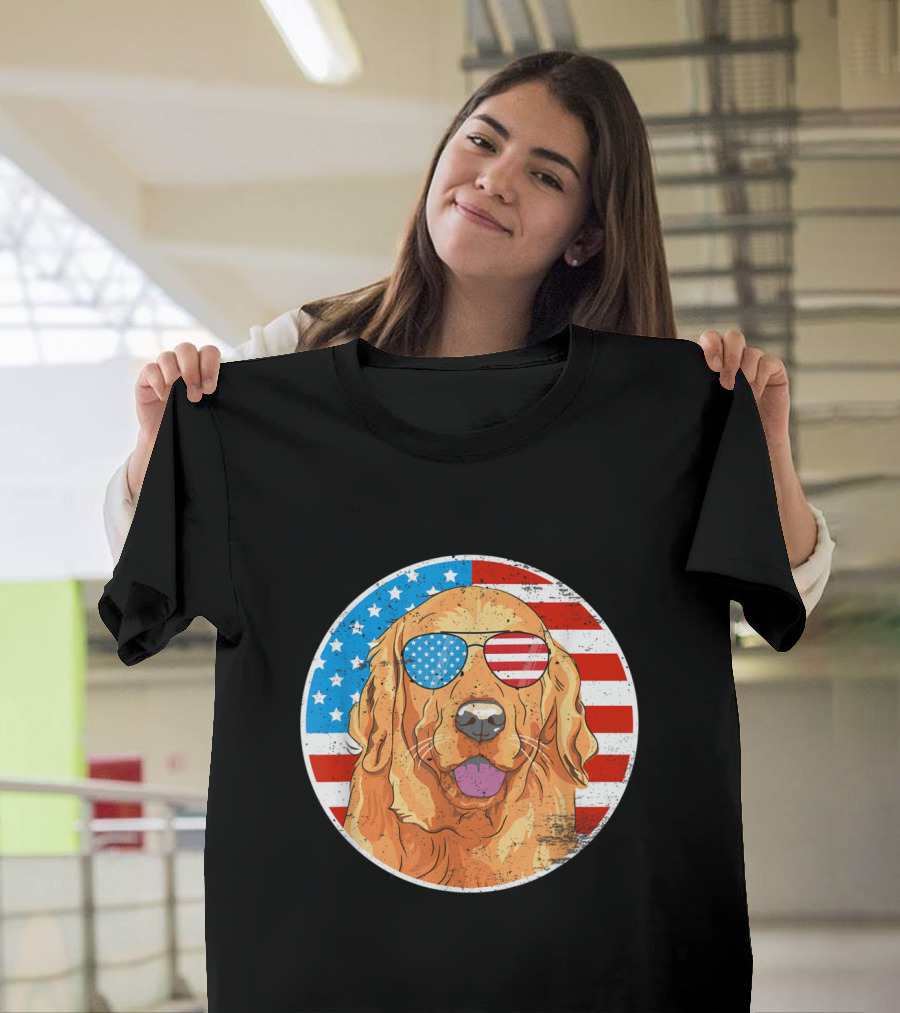 4th of July Golden Retriever Dog American Flag Sunglasses T-Shirt
