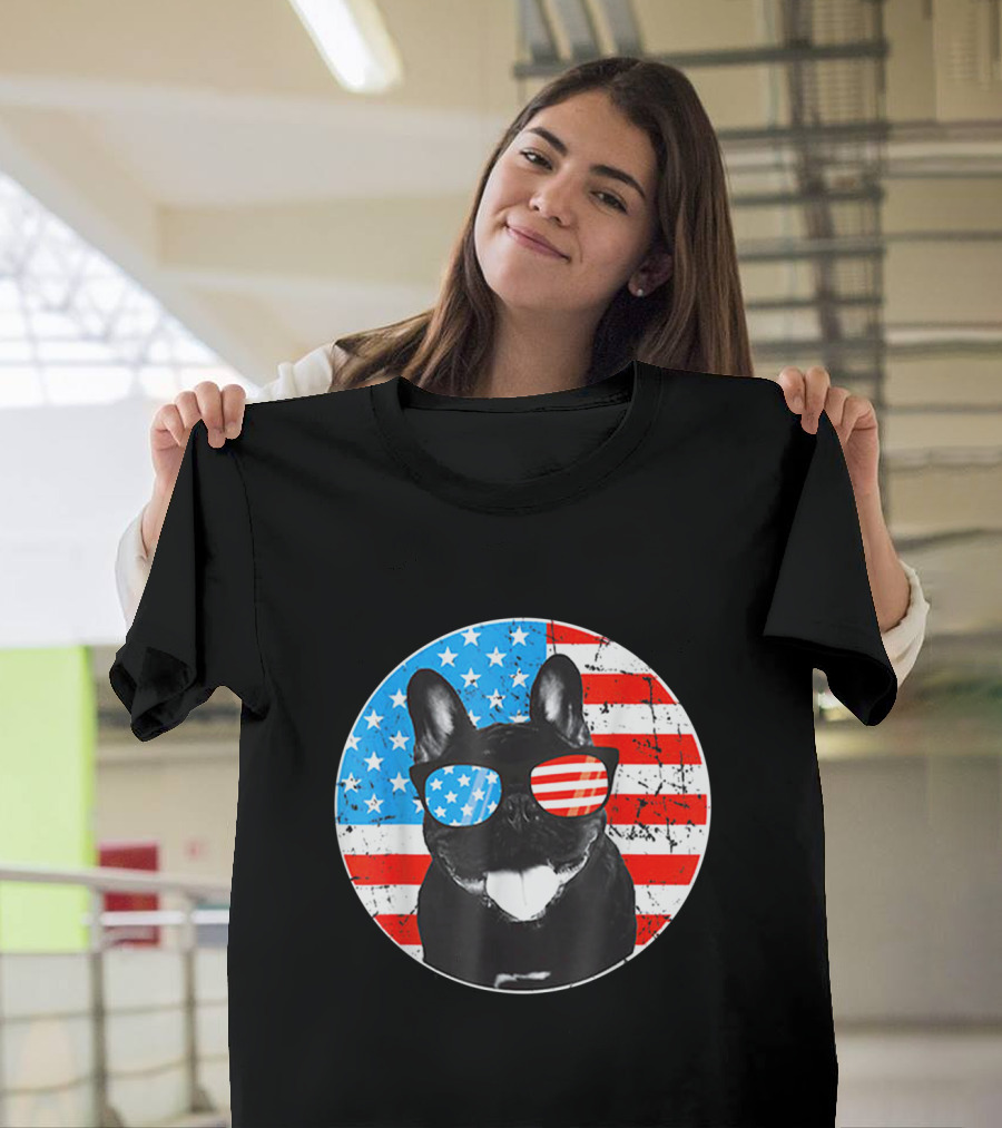 French Bulldog Patriotic American Flag Sunglasses Independence T-Shirt