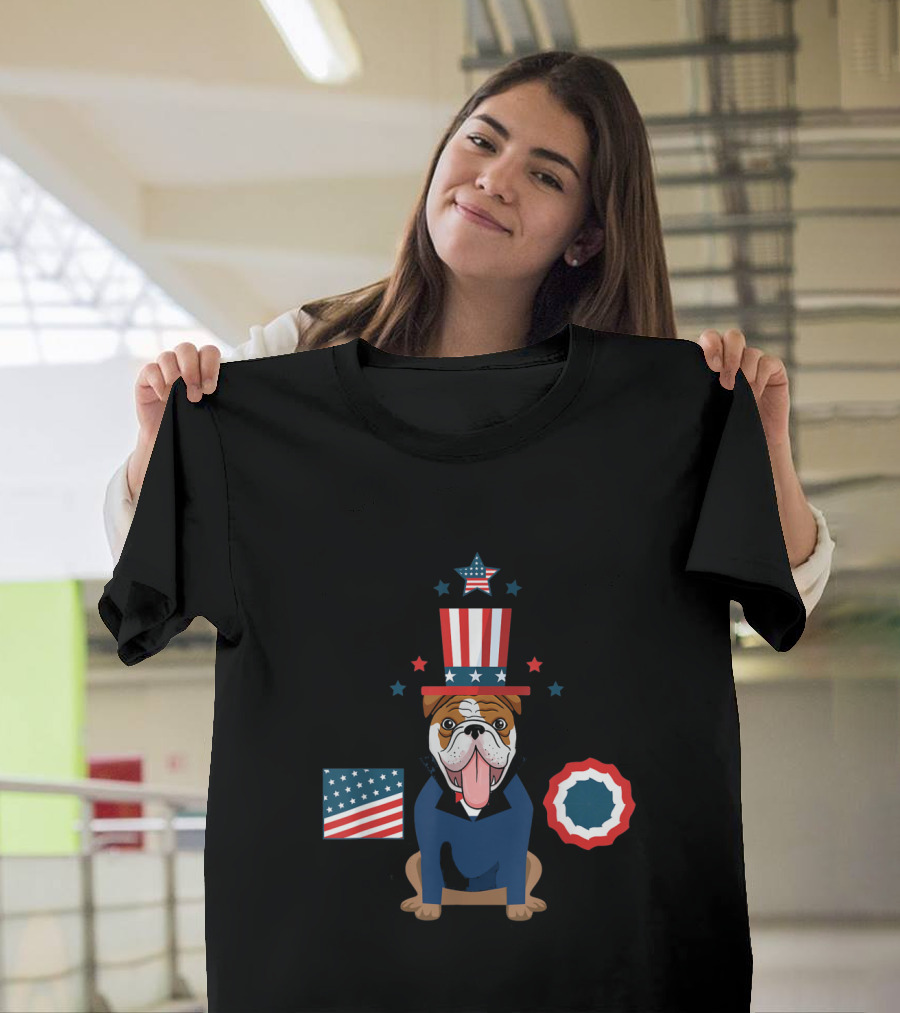 Patriotic Pitbull with American Flag Hat Stars and Stripes 4th of July Independence Day T-Shirt
