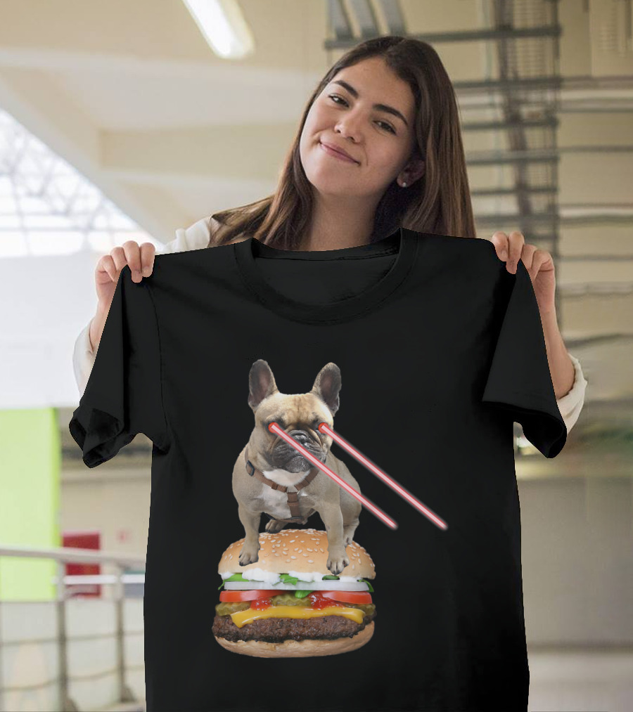 French Bulldog with Laser Eyes on Giant Burger Frenchie T-Shirt