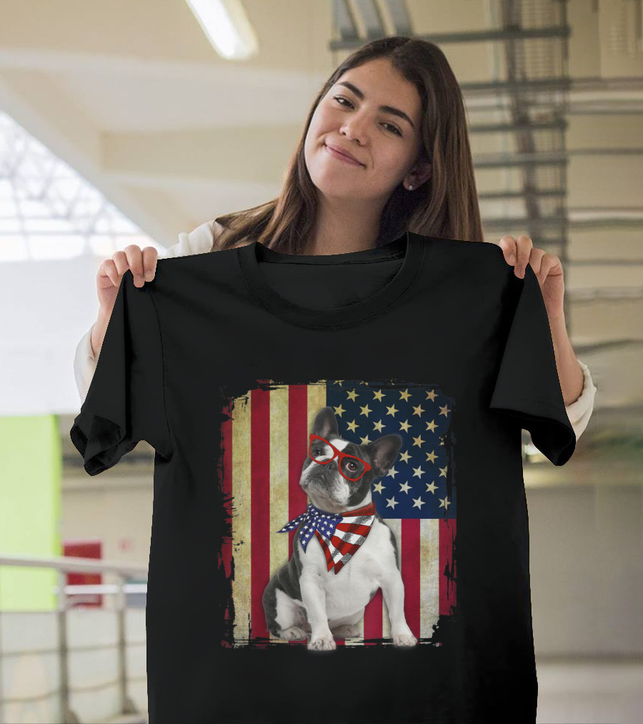 French Bulldog with Glasses and Bandana on American Flag Background T-Shirt