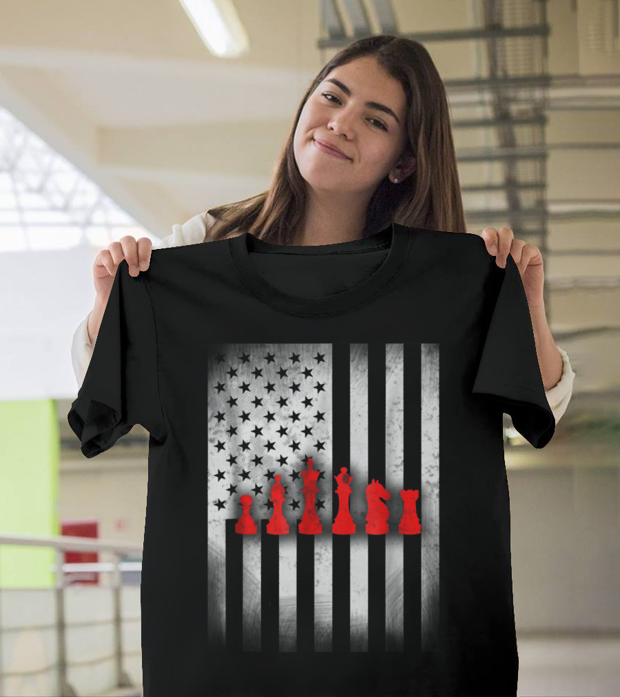 United States Flag with Red Chess Pieces T-Shirt