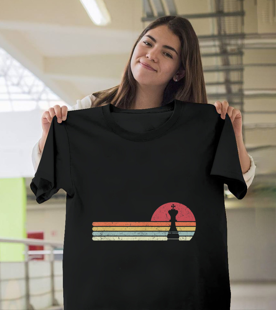 Retro Chess King Silhouette with Sunset Stripes T-Shirt