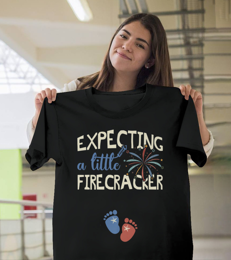 Expecting a Little Firecracker 4th of July Pregnancy Announcement with Fireworks and Baby Footprints T-Shirt