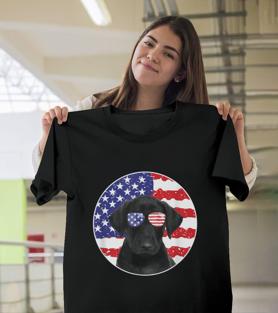 Labrador Retriever with American Flag Sunglasses on Patriotic Stars and Stripes Background T-Shirt