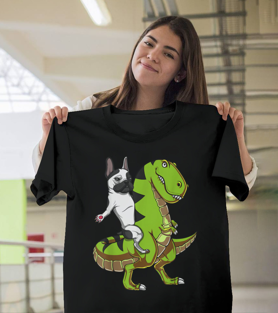 French Bulldog Riding Green T-Rex Dinosaur with Playful Expression T-Shirt