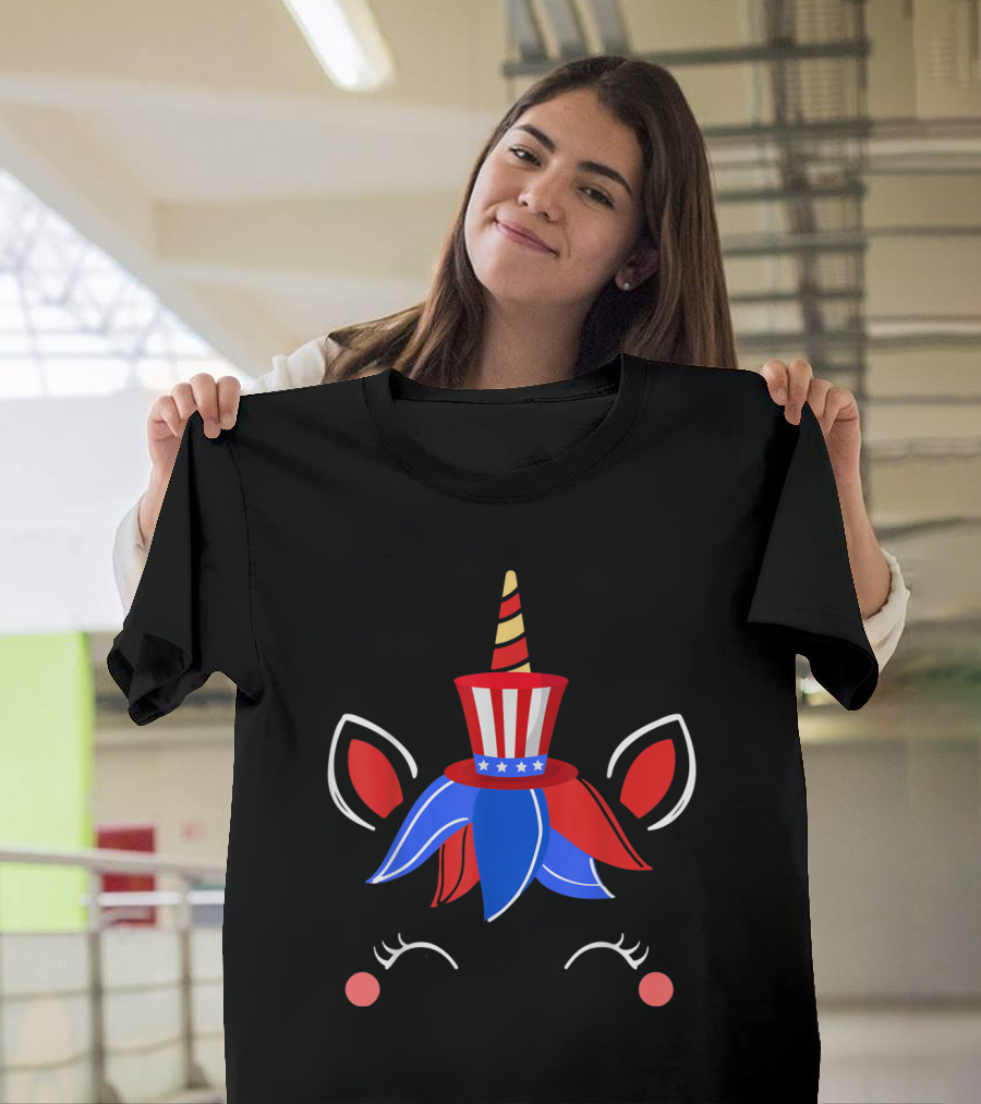 4th of July Patriotic Unicorn with Red White and Blue Uncle Sam Hat and Stars T-Shirt
