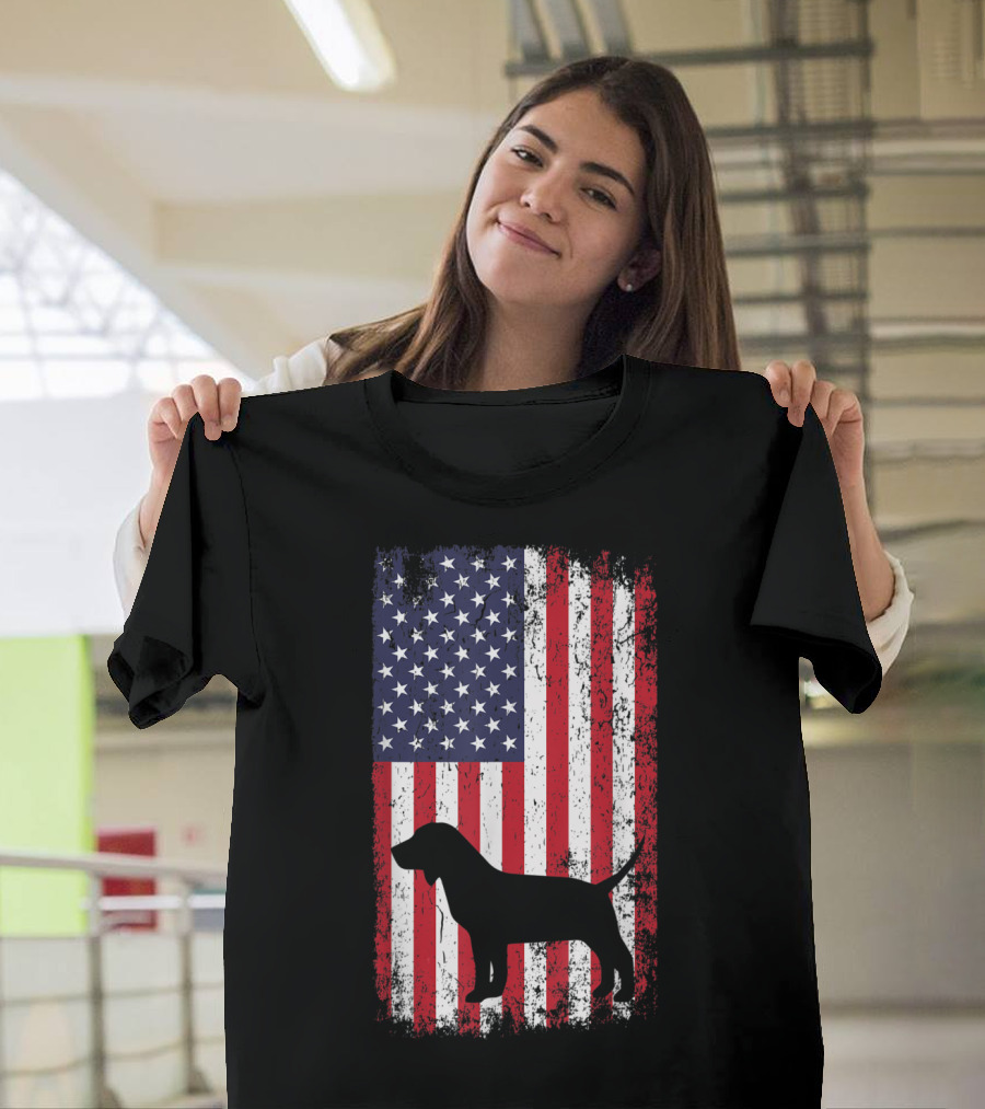 Beagle Silhouette Overlaid on Distressed American Flag Background T-Shirt