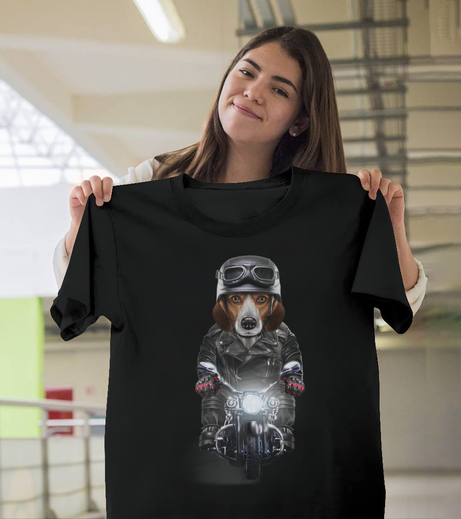 Beagle Dog in Leather Jacket Riding Motorcycle with Helmet and Goggles T-Shirt